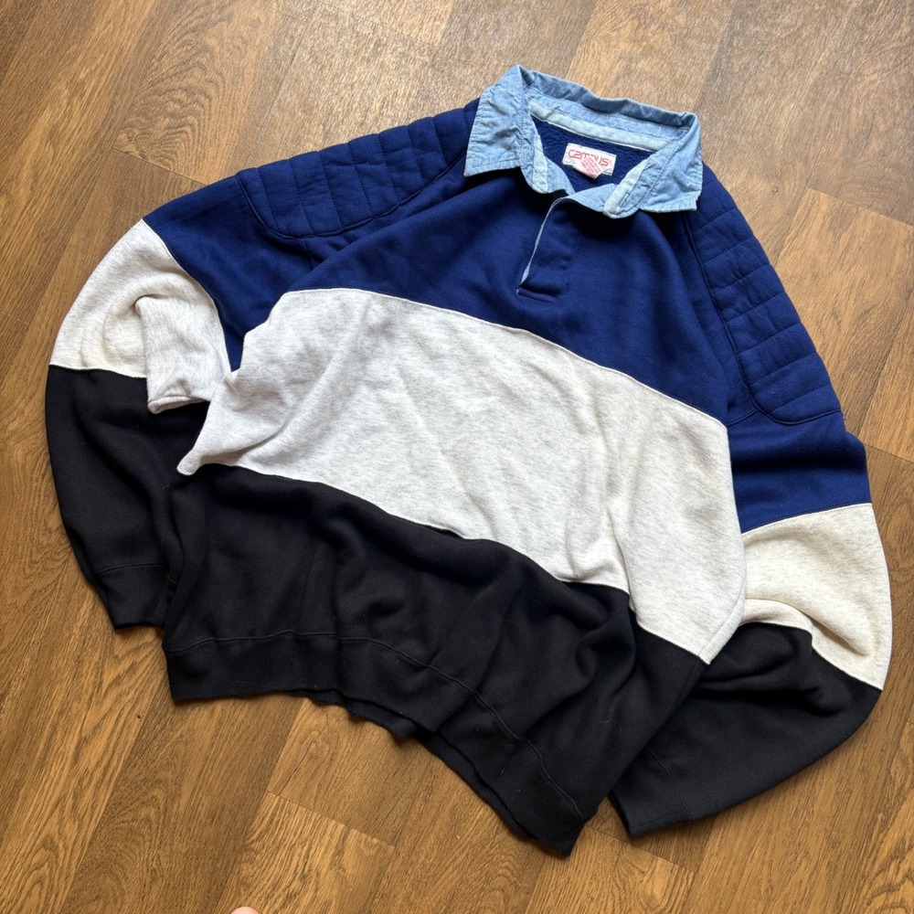 Vintage 70s 80s Campus Padded Shoulders Chambray Collar Colorblock Rugby